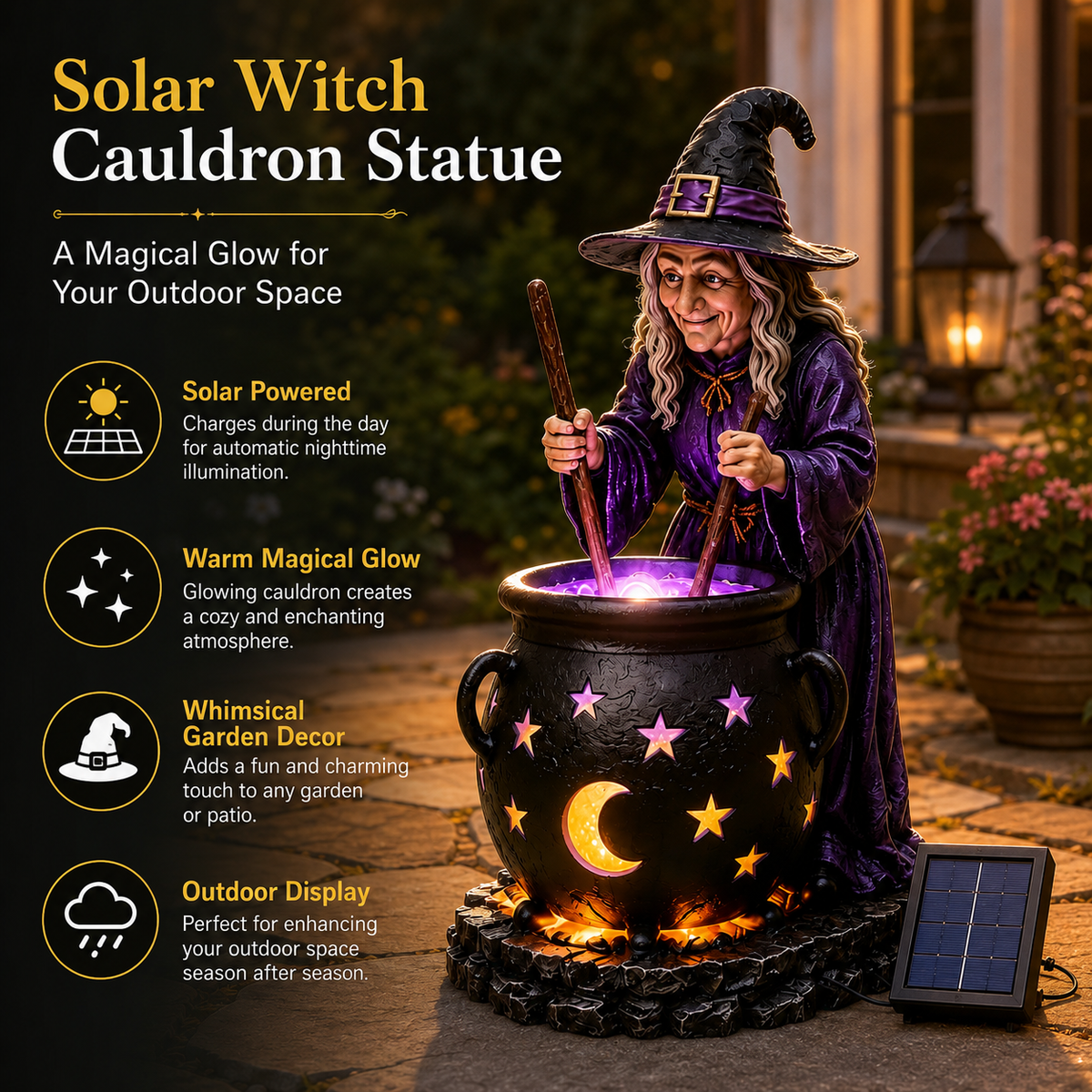 Halloween Witch Glowing Cauldron Solar Light Spooky LED Outdoor Garden Decoration for Yard & Patio