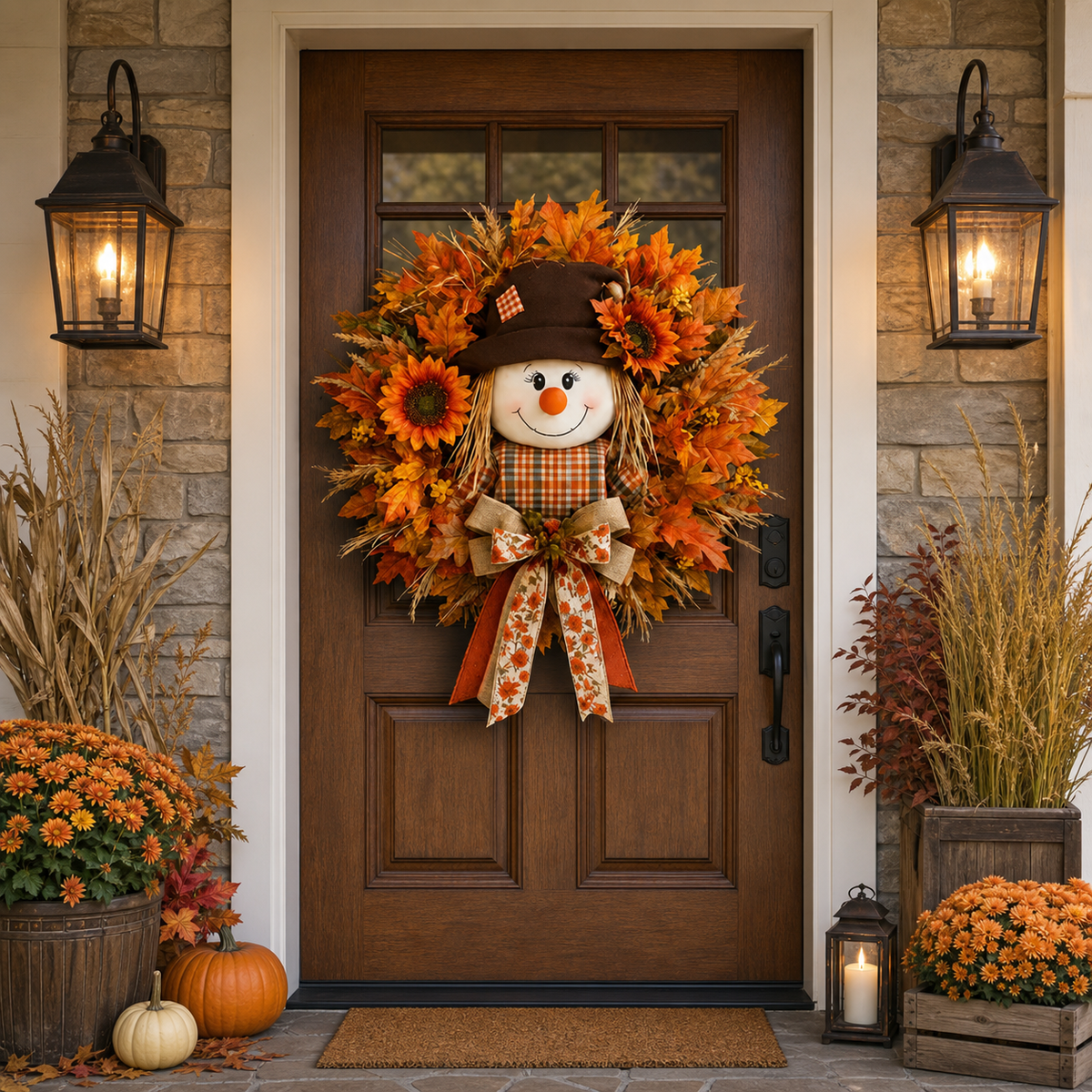 Fall Favorite Lighted Scarecrow Front Door Wreath