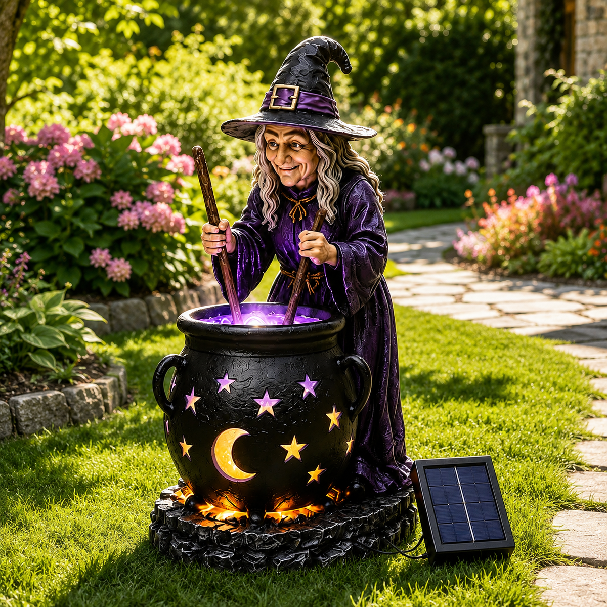 Halloween Witch Glowing Cauldron Solar Light Spooky LED Outdoor Garden Decoration for Yard & Patio