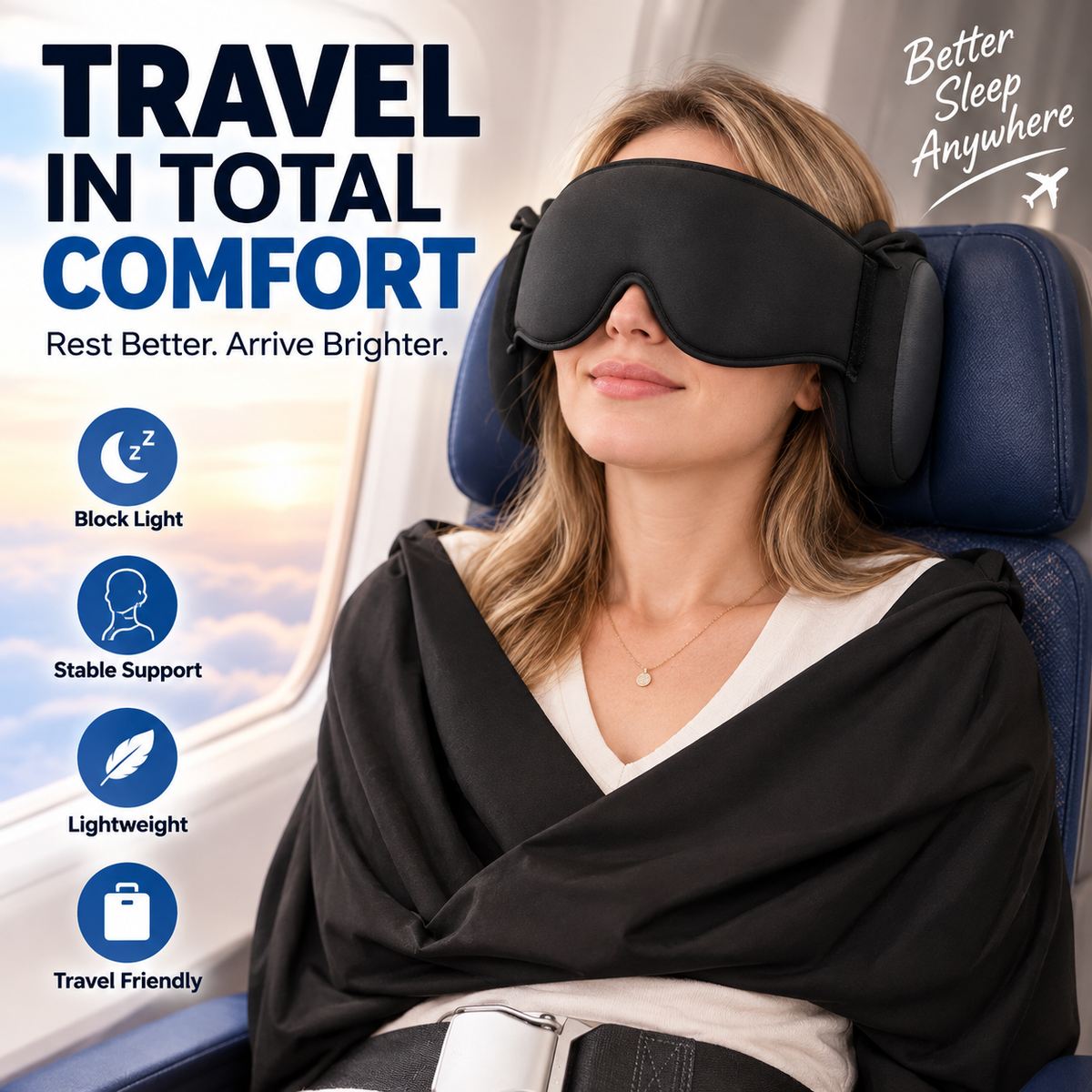 All-in-One Travel Neck Pillow, 3D Sleep Mask & Chin Support Set
