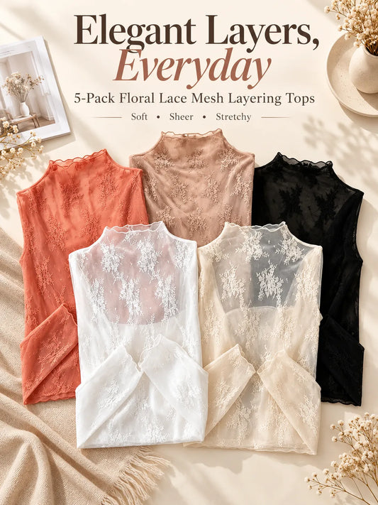 5-Pack Floral Lace Mesh Tops | Elegant Layering Set
