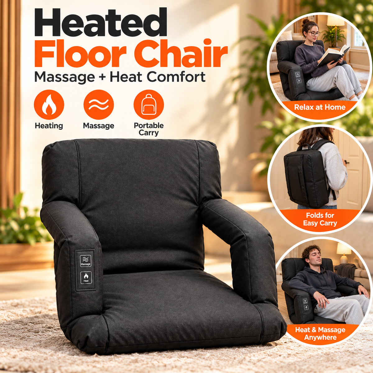 Heated Massage Floor Chair | Foldable Portable Lounge Seat