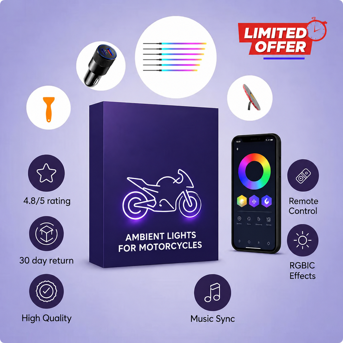 Motorcycle RGBIC Glow Kit 5000+ Colors, Music Sync & App Control