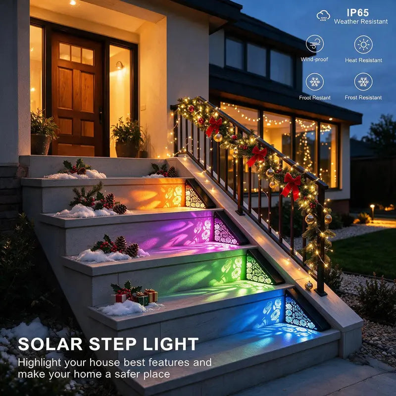 Solar outdoor step lights, IP65 waterproof LED deck/stair lights, color-changing gradient lighting
