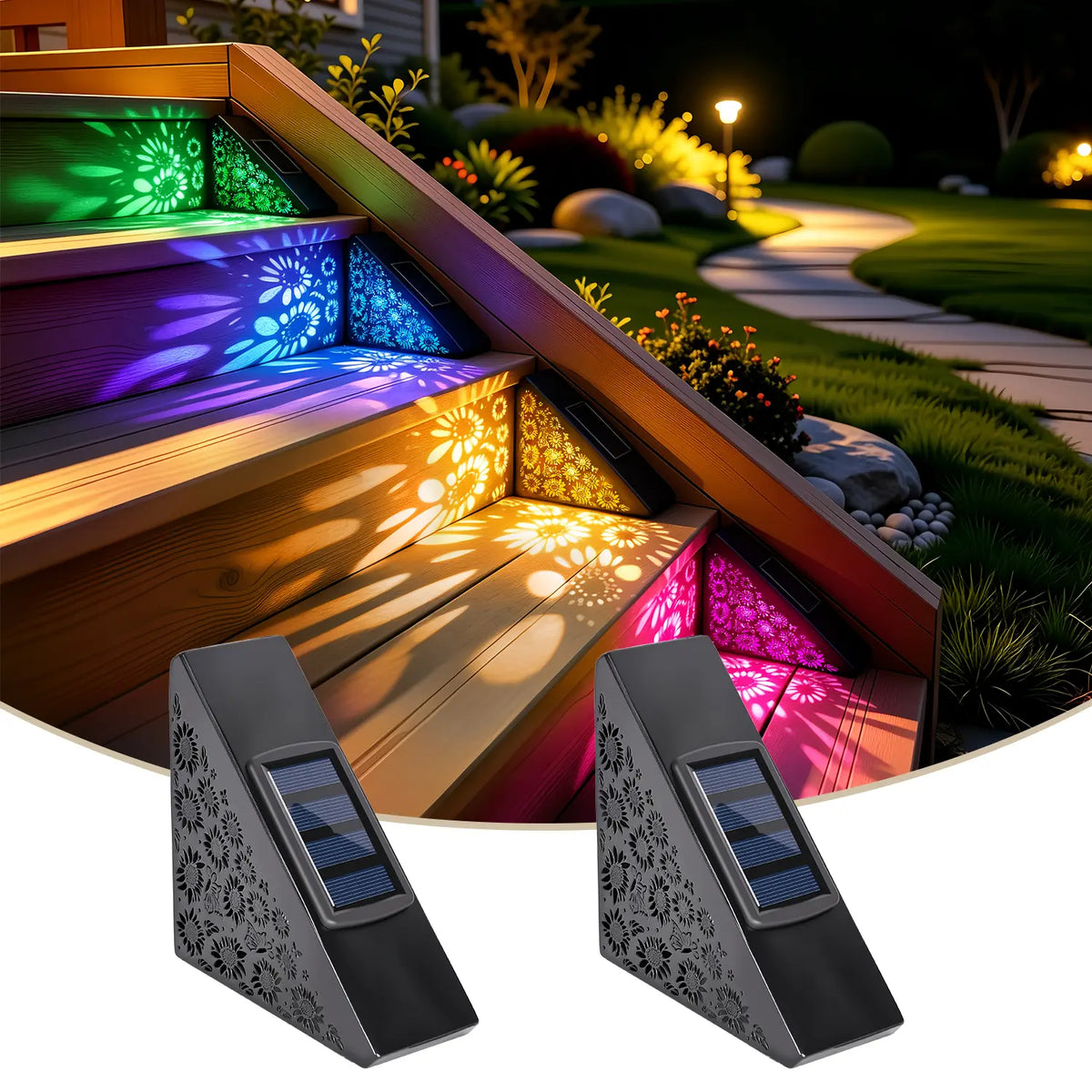 Solar outdoor step lights, IP65 waterproof LED deck/stair lights, color-changing gradient lighting