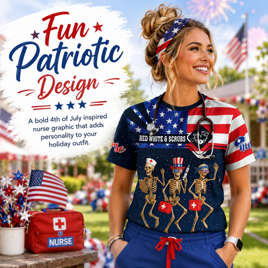 Funny Nurse Skeleton 4th of July Shirt Patriotic Scrub Life Tee for RN CNA LPN