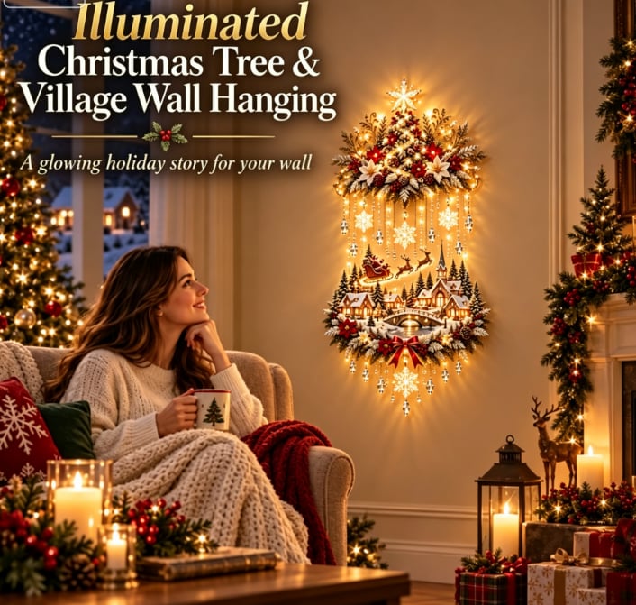 Illuminated Christmas Tree & Village Wall Hanging | Cascading Warm Lights for Living Rooms, Entryways & Staircases 63CM