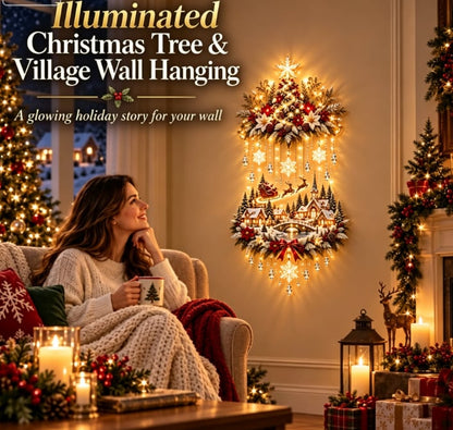 Illuminated Christmas Tree & Village Wall Hanging | Cascading Warm Lights for Living Rooms, Entryways & Staircases 63CM