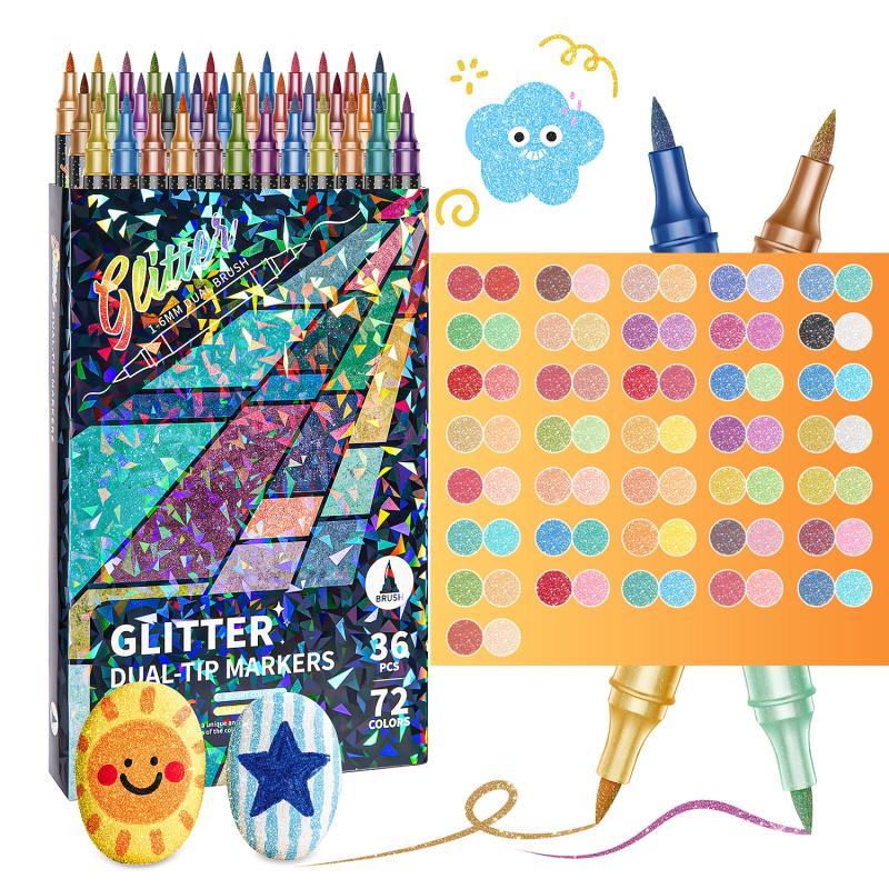 Glitter Effect Brush Markers: Create Sparkling Art Smoothly ( 24-96 Colors | Smooth No Clog | No Bleed Through )