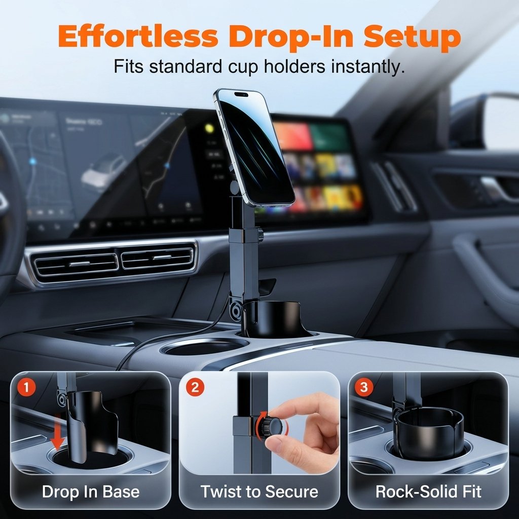 Car Cup Holder Phone Mount 360 Adjustable, Strong N52 Magnet, One-Handed Operation, Fits All Phones