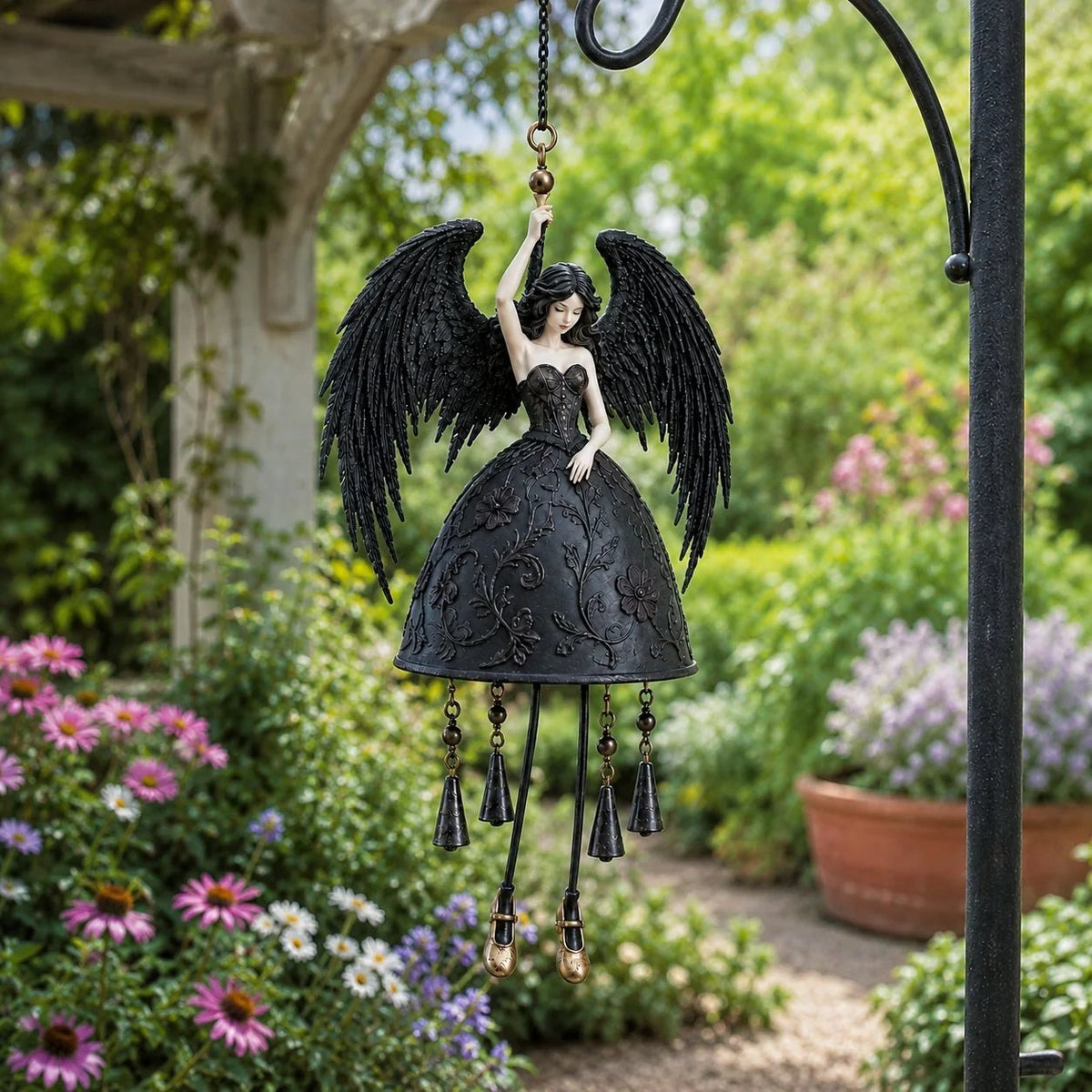 Dark Angel Gothic Wind Chime Black-Wing Outdoor Garden, Porch & Patio Decor