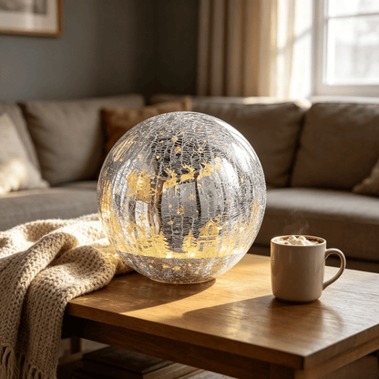Light-up cracked glass ball with Jesus and reindeer design