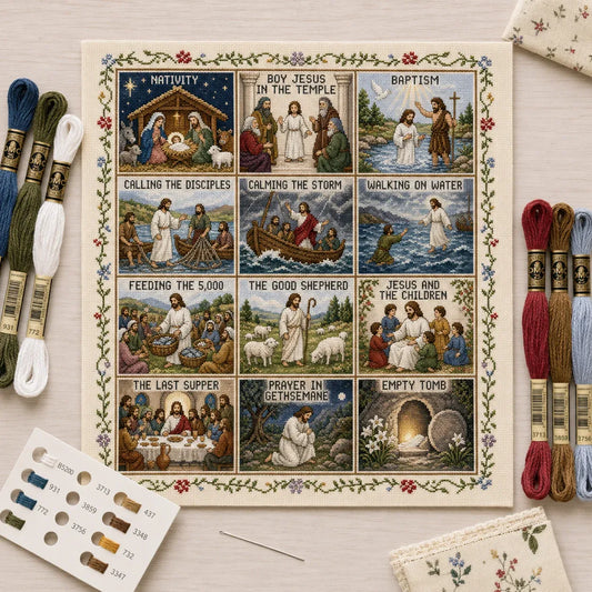 Beginner-Friendly Life of Jesus Bible Story Cross Stitch DIY Kit | 6 Biblical Collections with Fabric