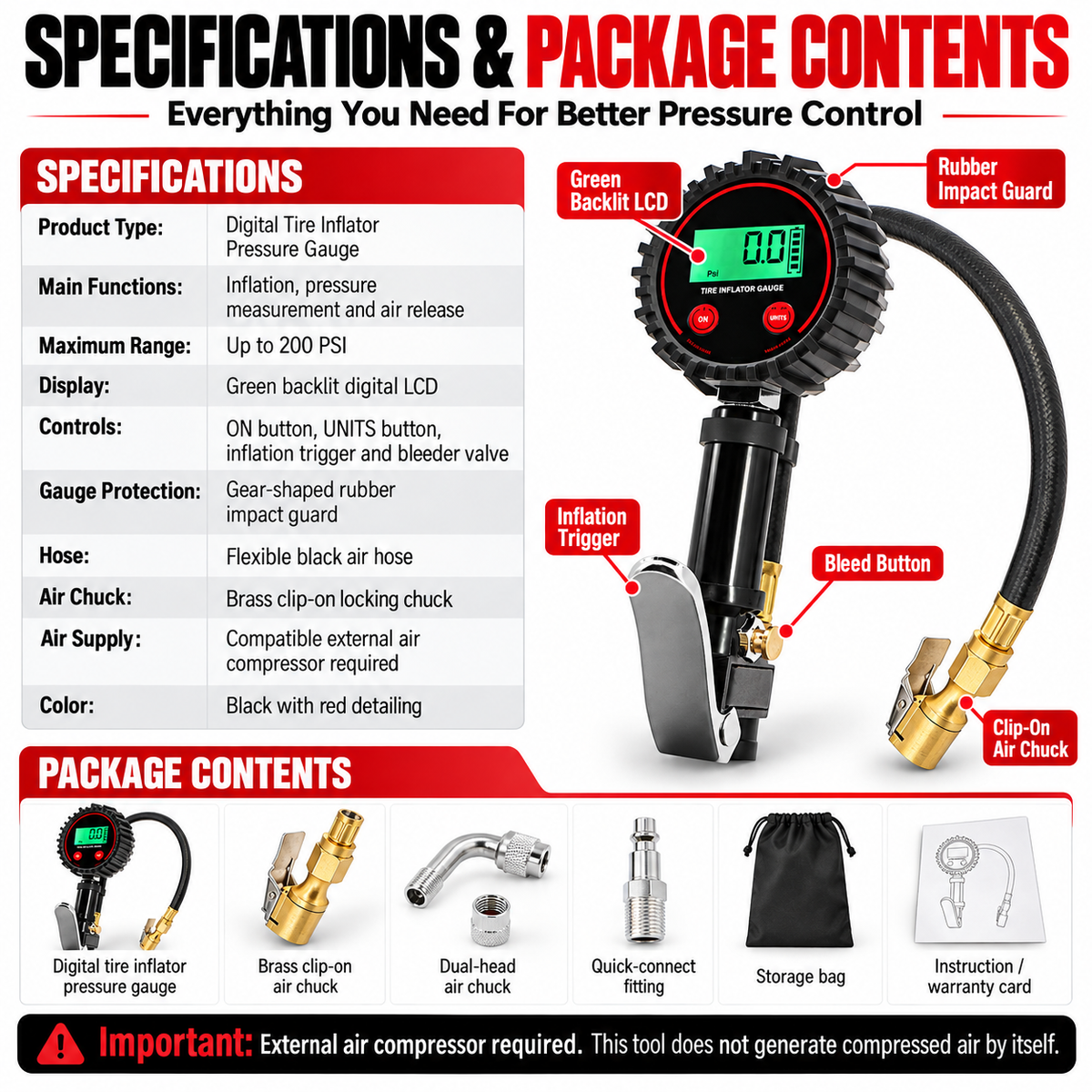 200 PSI Digital Tire Inflator Gauge 3-in-1 Air Chuck, Pressure Gauge & Bleeder
