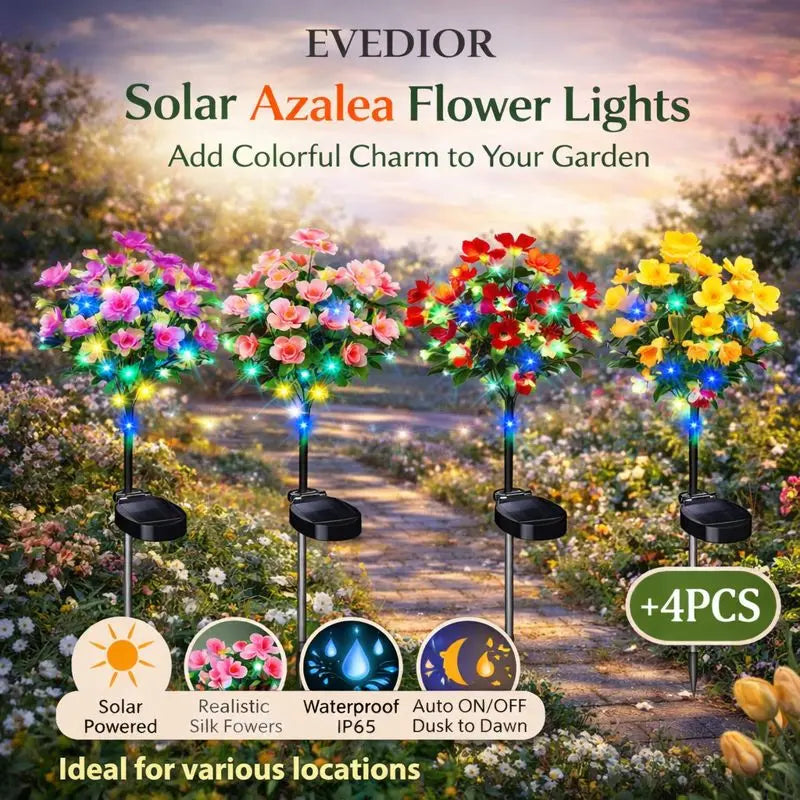 Solar Azalea Flower Lights 4 Pack | IP65 Waterproof Realistic Multi-Color Stakes for Garden & Cemetery Memorial Decor