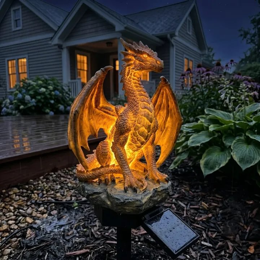 Golden Ember Solar Dragon Outdoor Statue Light, Fantasy Garden Decor