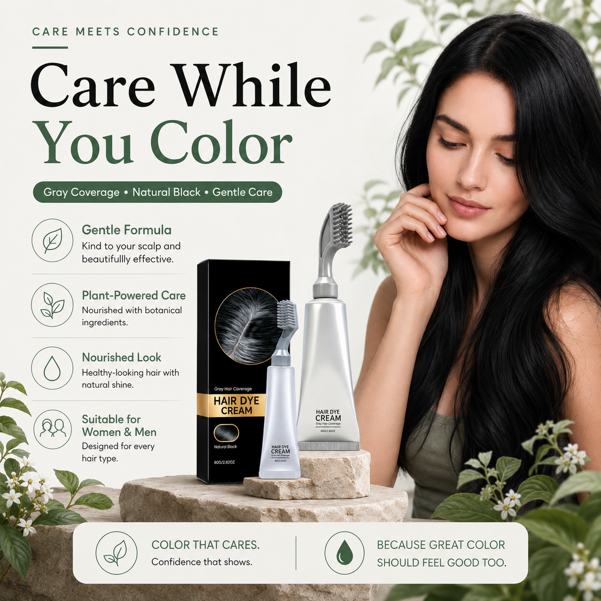 Plant Gentle Gray Hair Root Touch-Up Dye Cream with Easy Integrated Comb Applicator