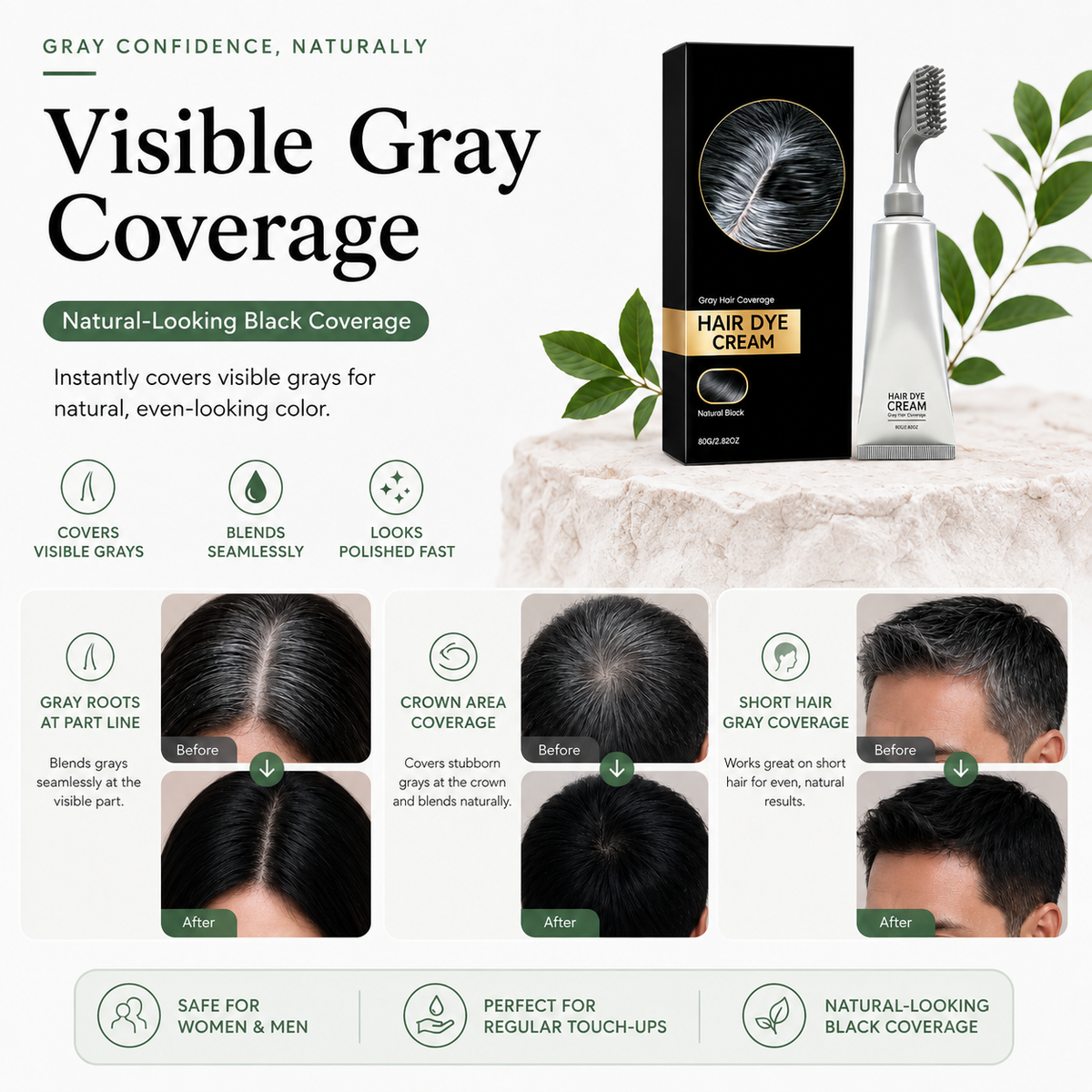 Plant Gentle Gray Hair Root Touch-Up Dye Cream with Easy Integrated Comb Applicator