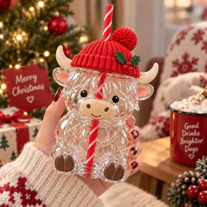 TYIIPLUS Highland Cow Christmas Glass Cup with Straw Cute Holiday Tumbler Gift