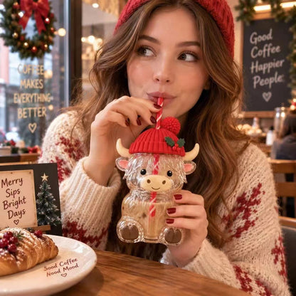 TYIIPLUS Highland Cow Christmas Glass Cup with Straw Cute Holiday Tumbler Gift