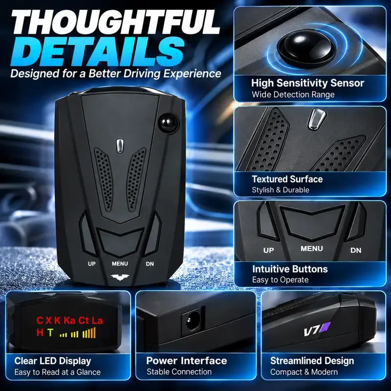 V7 Multi-Band Radar Alert Detector Voice & LED Alerts with City/Highway Modes