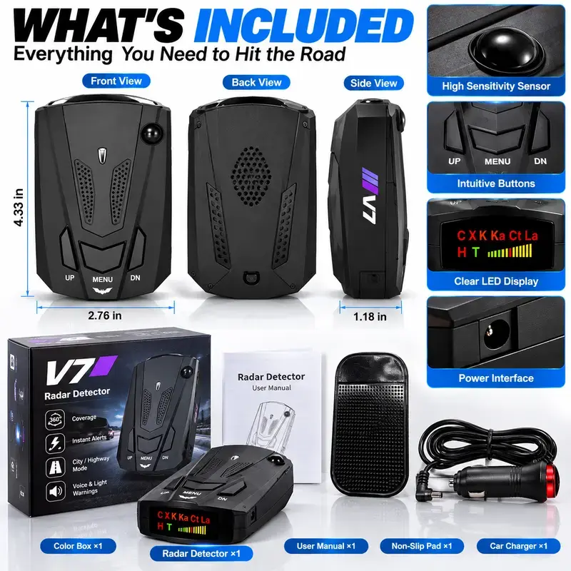V7 Multi-Band Radar Alert Detector Voice & LED Alerts with City/Highway Modes