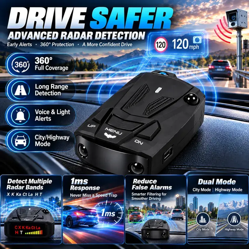 V7 Multi-Band Radar Alert Detector Voice & LED Alerts with City/Highway Modes