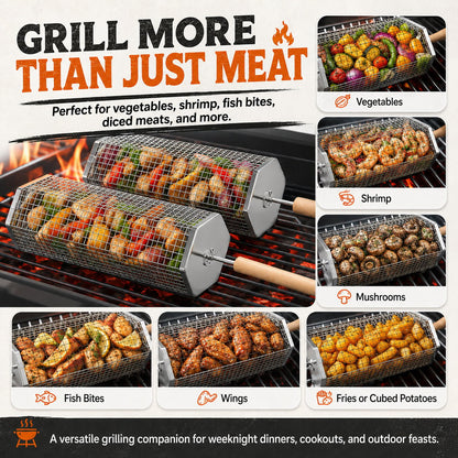 Rolling Grill Baskets (2-Pack) | No More Burnt Veggies Grill Perfectly Every Time!