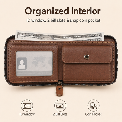 Vintage Zip Wallet, Bifold Card Coin Purse