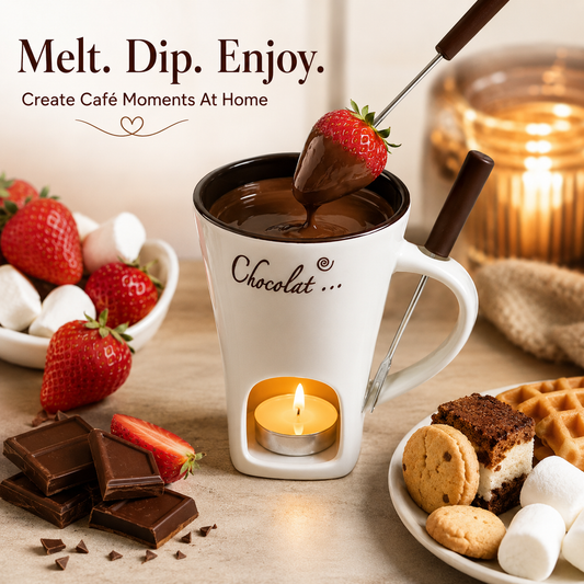 Candle-Heated Ceramic Fondue Mug Set with Dipping Fork