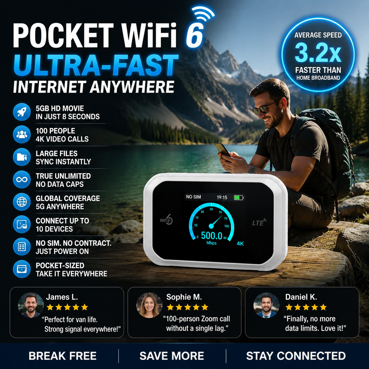 Mobile Hotspot Portable WiFi, full coverage anywhere. No contract, no setup. Stay connected on the go!