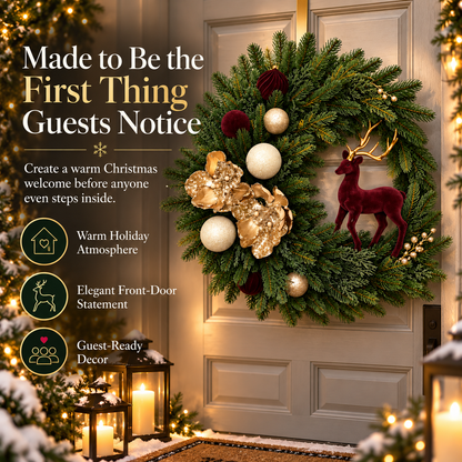 Luxury Burgundy Reindeer Christmas Wreath Elegant Champagne Gold Front Door Holiday Decor