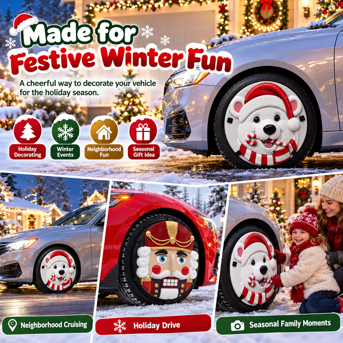 Christmas 3D Wheel Covers Festive Polar Bear & Nutcracker Car Decor