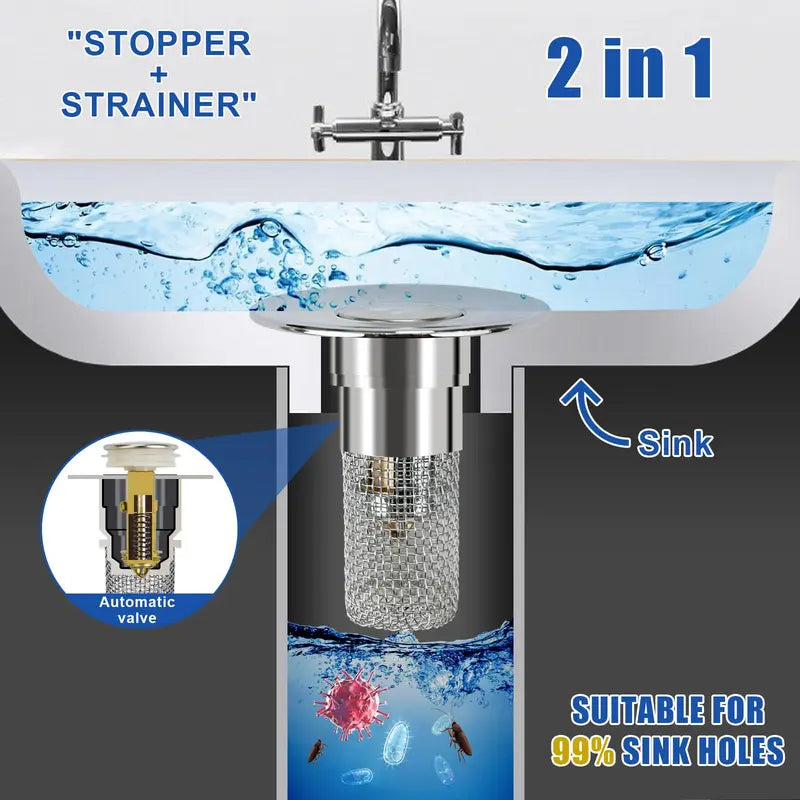 DrainGuard 2-in-1 Pop-Up Sink Stopper & Stainless Steel Hair Catcher