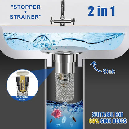 DrainGuard 2-in-1 Pop-Up Sink Stopper & Stainless Steel Hair Catcher