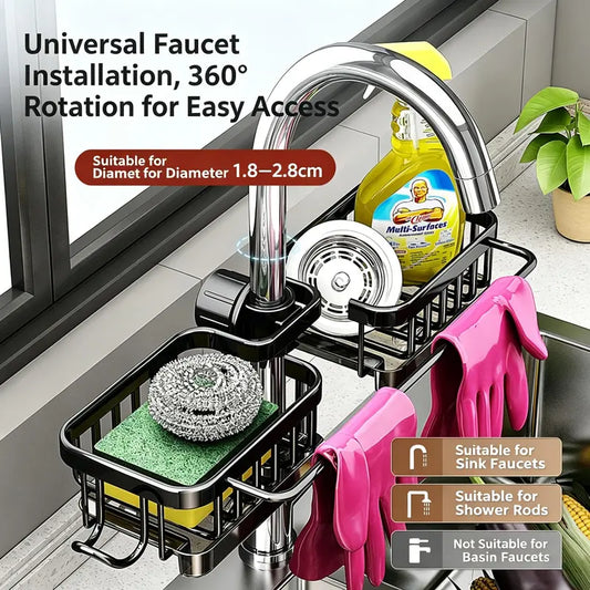 Sink Organizer Rack,Hanging Faucet Drain Rack with Drip Tray Stainless Steel Detachable Sink Faucet Sponge Holder Over