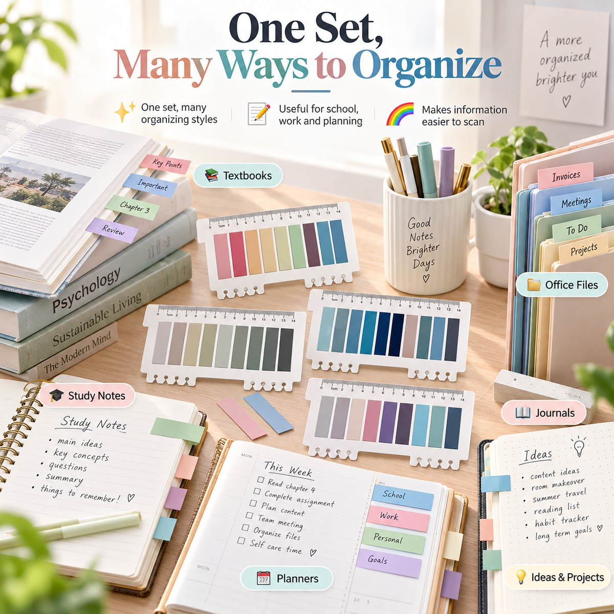 Writable Color-Coded Sticky Tabs Page Markers with Built-In Ruler for Study, Planning & Organization