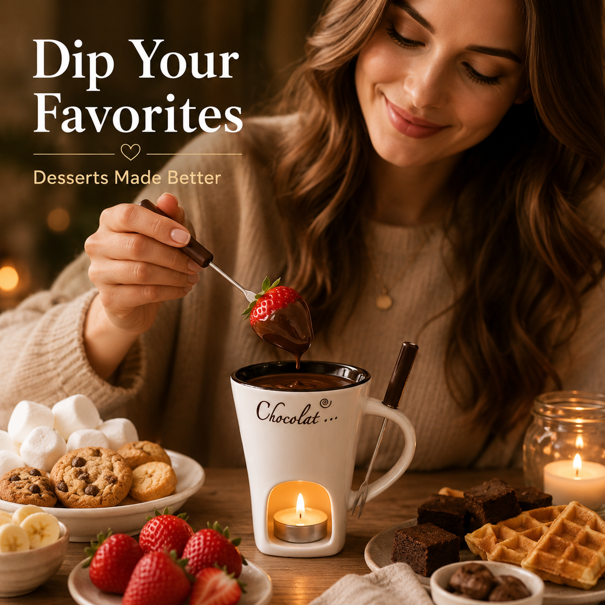 Candle-Heated Ceramic Fondue Mug Set with Dipping Fork