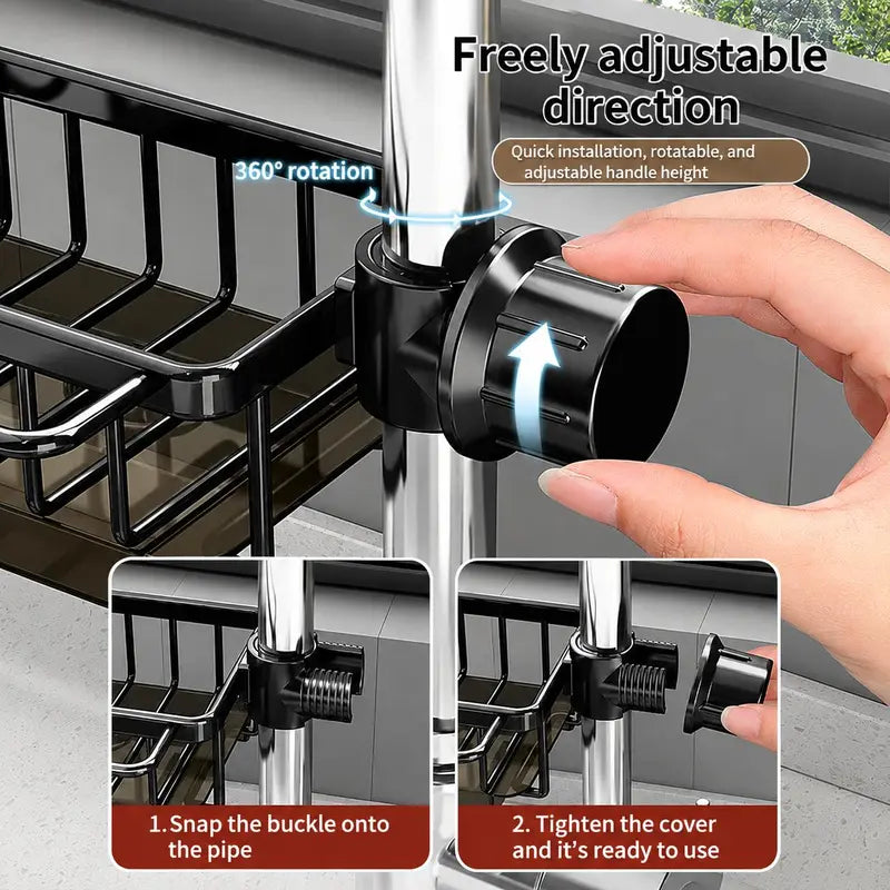 Sink Organizer Rack,Hanging Faucet Drain Rack with Drip Tray Stainless Steel Detachable Sink Faucet Sponge Holder Over
