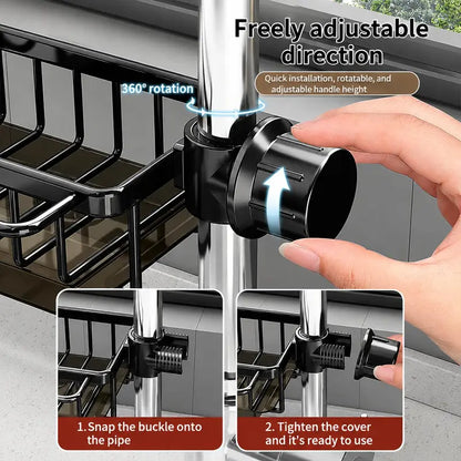 Sink Organizer Rack,Hanging Faucet Drain Rack with Drip Tray Stainless Steel Detachable Sink Faucet Sponge Holder Over