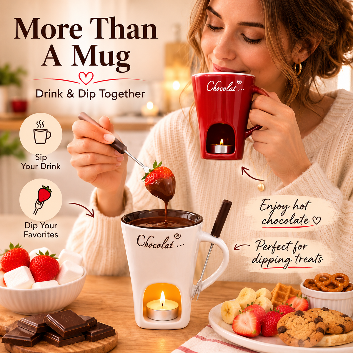 Candle-Heated Ceramic Fondue Mug Set with Dipping Fork