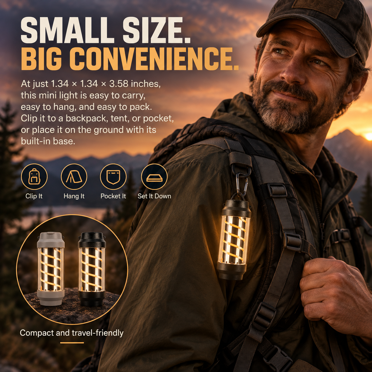 4-in-1 Camping Lantern & LED Flashlight 4 Light Modes, IPX4 Waterproof, USB Rechargeable, Pocket-Size Spiral Design
