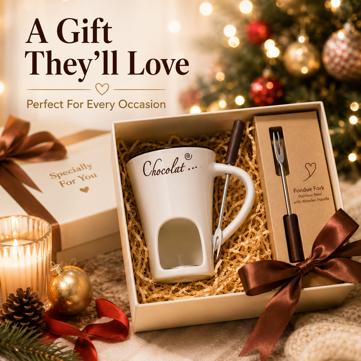 Candle-Heated Ceramic Fondue Mug Set with Dipping Fork