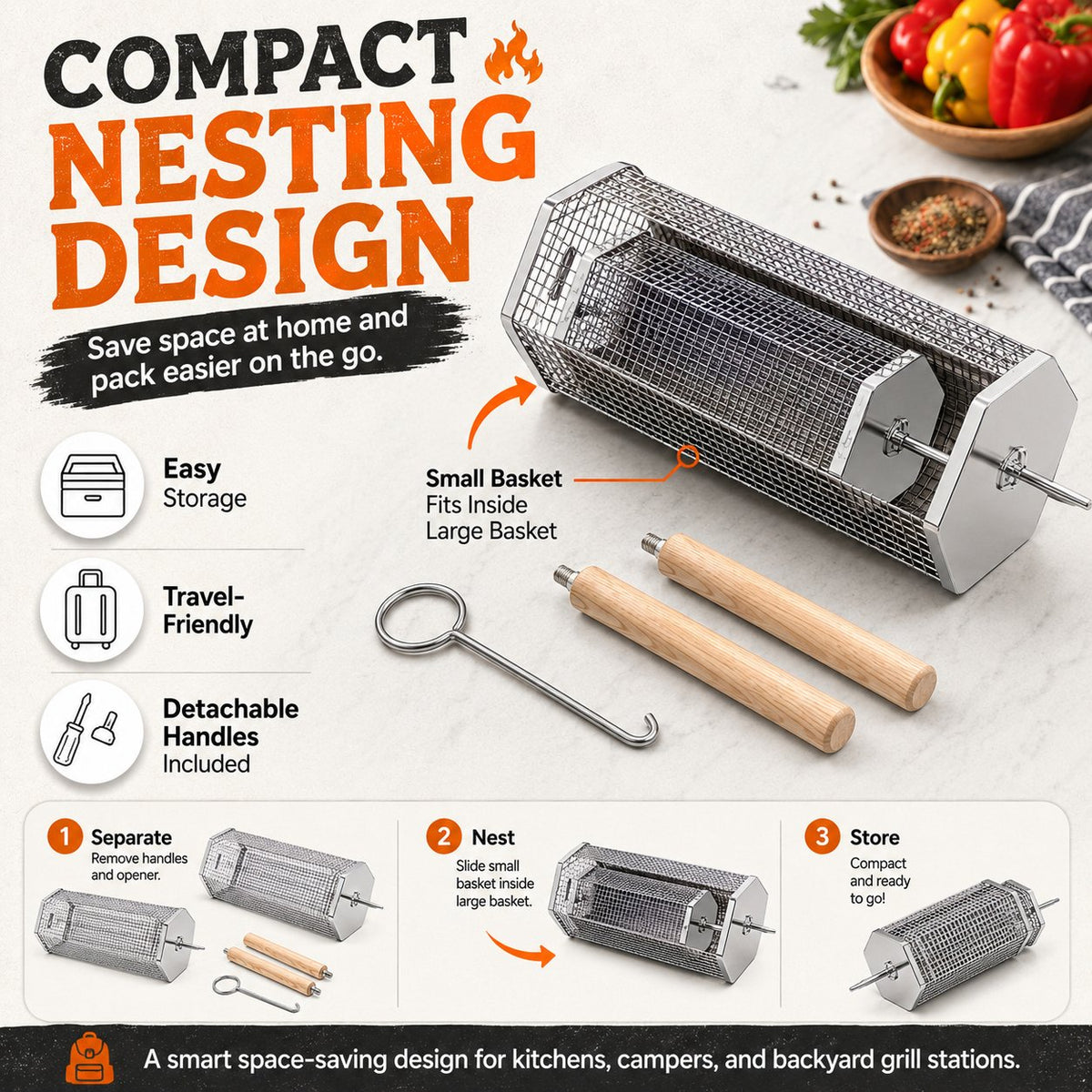 Rolling Grill Baskets (2-Pack) | No More Burnt Veggies Grill Perfectly Every Time!