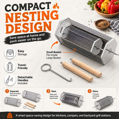 Rolling Grill Baskets (2-Pack) | No More Burnt Veggies Grill Perfectly Every Time!