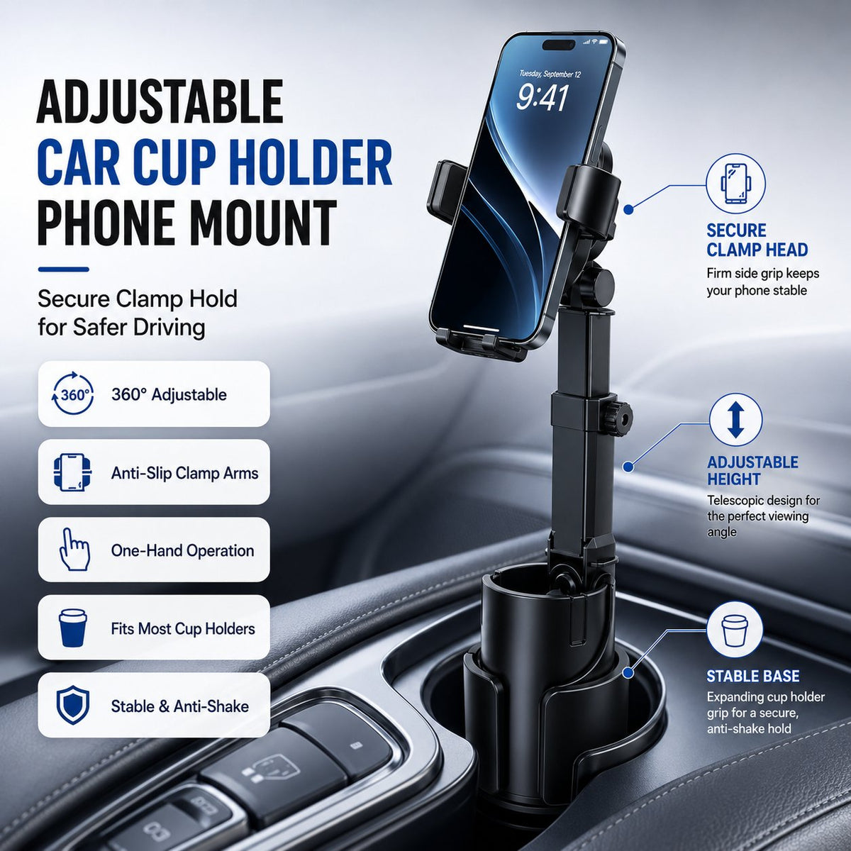Car Cup Holder Phone Mount 360 Adjustable, Strong N52 Magnet, One-Handed Operation, Fits All Phones