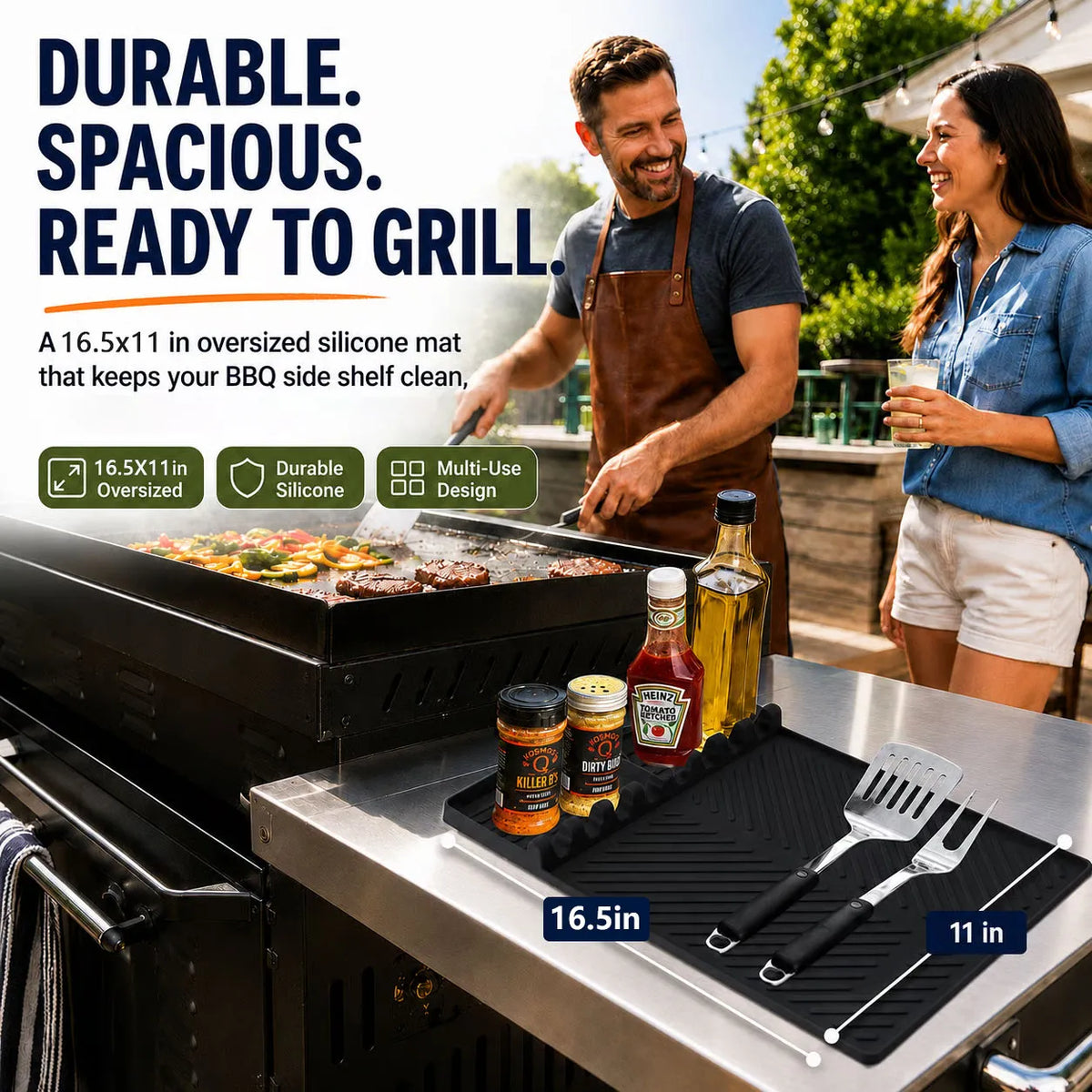 16.5" 11" Silicone Grill Side Shelf Mat Heat-Resistant, Non-Slip & Dishwasher Safe BBQ Organizer
