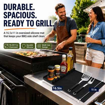 16.5" 11" Silicone Grill Side Shelf Mat Heat-Resistant, Non-Slip & Dishwasher Safe BBQ Organizer