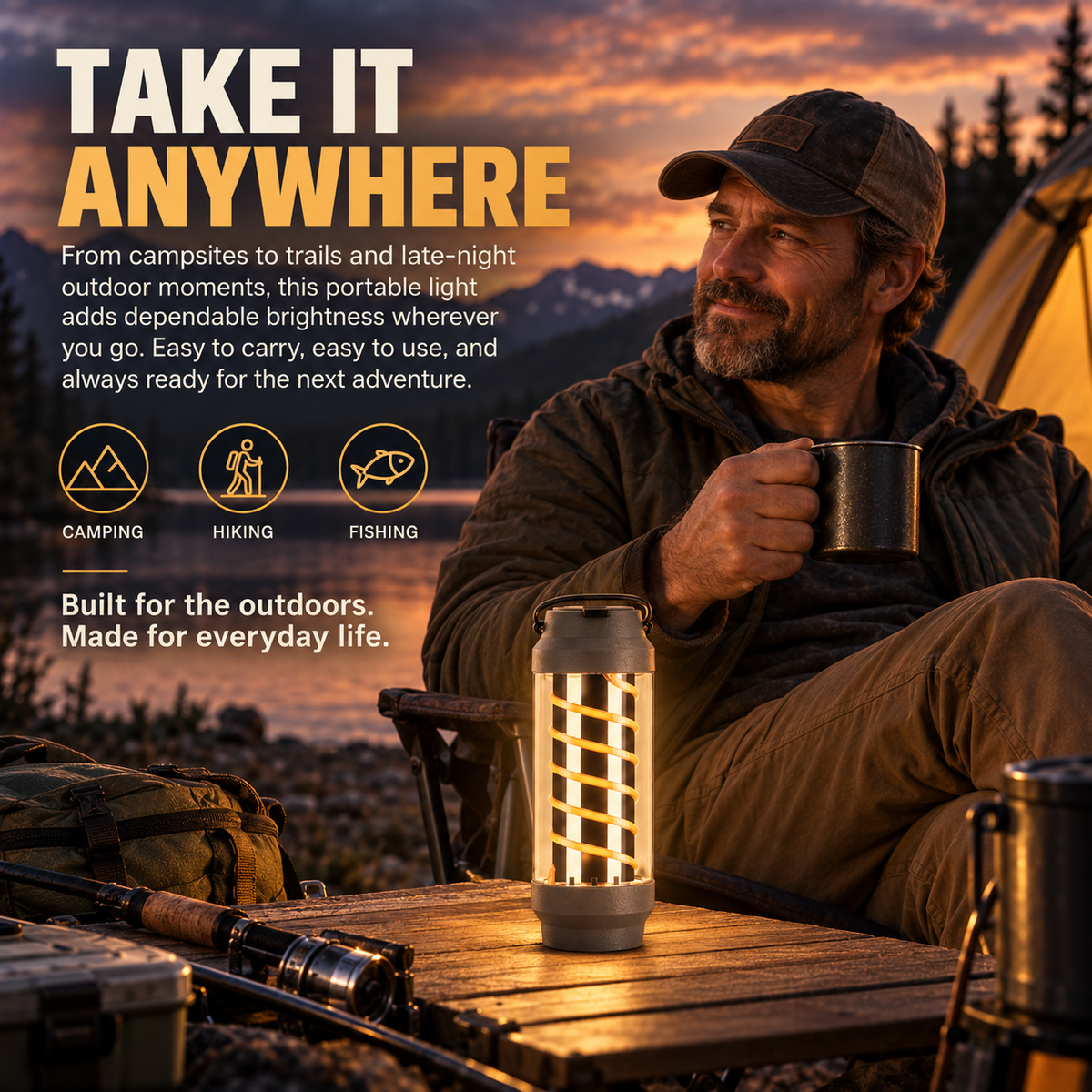 4-in-1 Camping Lantern & LED Flashlight 4 Light Modes, IPX4 Waterproof, USB Rechargeable, Pocket-Size Spiral Design