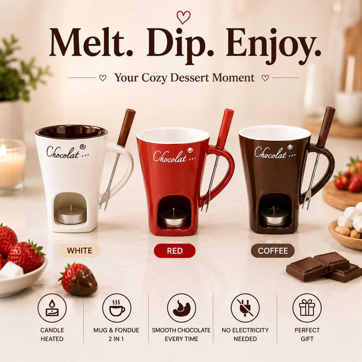 Candle-Heated Ceramic Fondue Mug Set with Dipping Fork